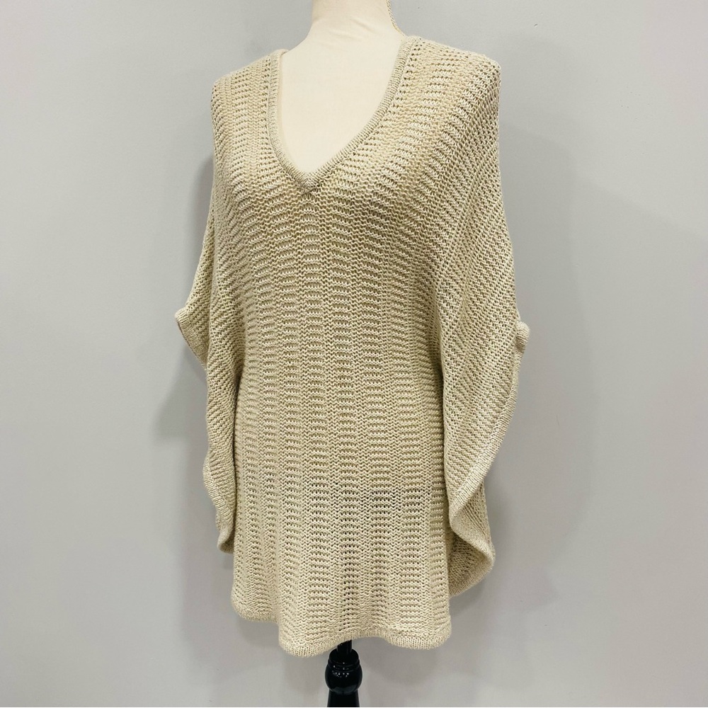 CHICO’S OS Cream Metallic Sparkle Open Knit Kimono Sweater Coastal Grandma Boho